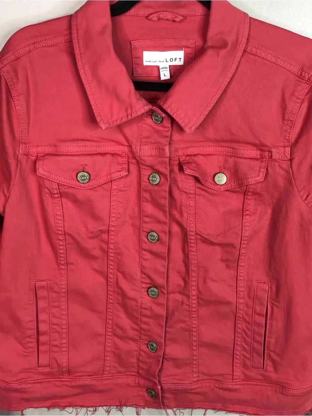 LOFT Coral-Pink Jean Jacket with Frayed Hem Sz Large